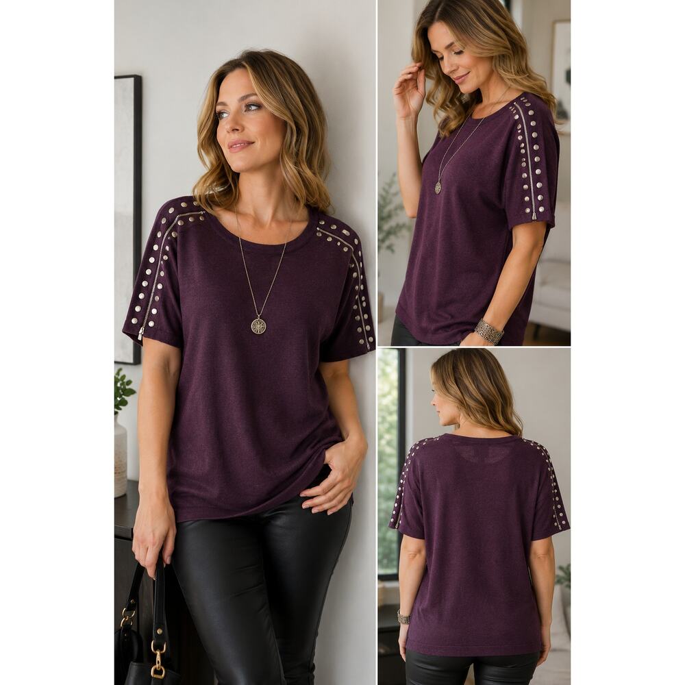 Cynthia Rowley 100% Italian Merino Wool Studded Zip Sleeve Sweater XL  Purple